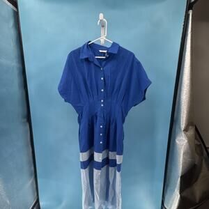 Women's Royal Blue Button Front Shirt Dress Short Sleeve Collared Size L